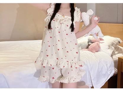 Summer Spwear Women's 2025 New Japanese Sle Fre Vest orts Woven Cotton Thin Home Clothes Set Sweet Print ort Pants