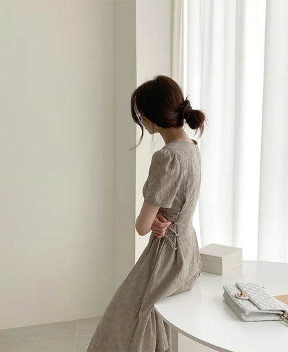 Cotton Linen Dress Long New Hot Sales Woman Short Sleeve Solid Retro Vintage Long Dresses