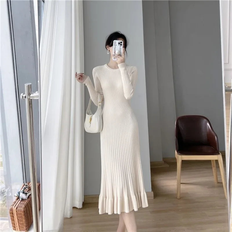 Dresses for Women Cover Up Midi Formal Clothes Solid Woman Dress Knee Length Black White Crochet Trendy Korean Fashion Knitted Badiee Stylez