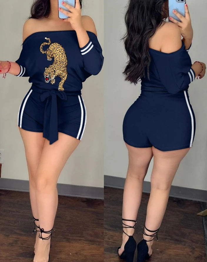 Sexy Elegant Rose Print Off Shoulder Tied Detail Romper New Fashion 2024 Summer Casual Jumpsuits One Pieces Female Clothing