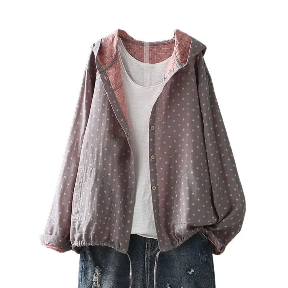 Women Spring Autumn Coat Hooded Drawstring Hem Long Sleeve Printing Loose Zipper Closure Jacket with Pockets Daily Wear Commutin