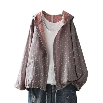 Women Spring Autumn Coat Hooded Drawstring Hem Long Sleeve Printing Loose Zipper Closure Jacket with Pockets Daily Wear Commutin