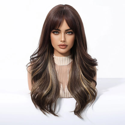 Brown Blonde Highlights Wigs Medium Length Wavy Synthetic Wig With Bangs Natural Body Wave Hair For Women Daily High Temperature