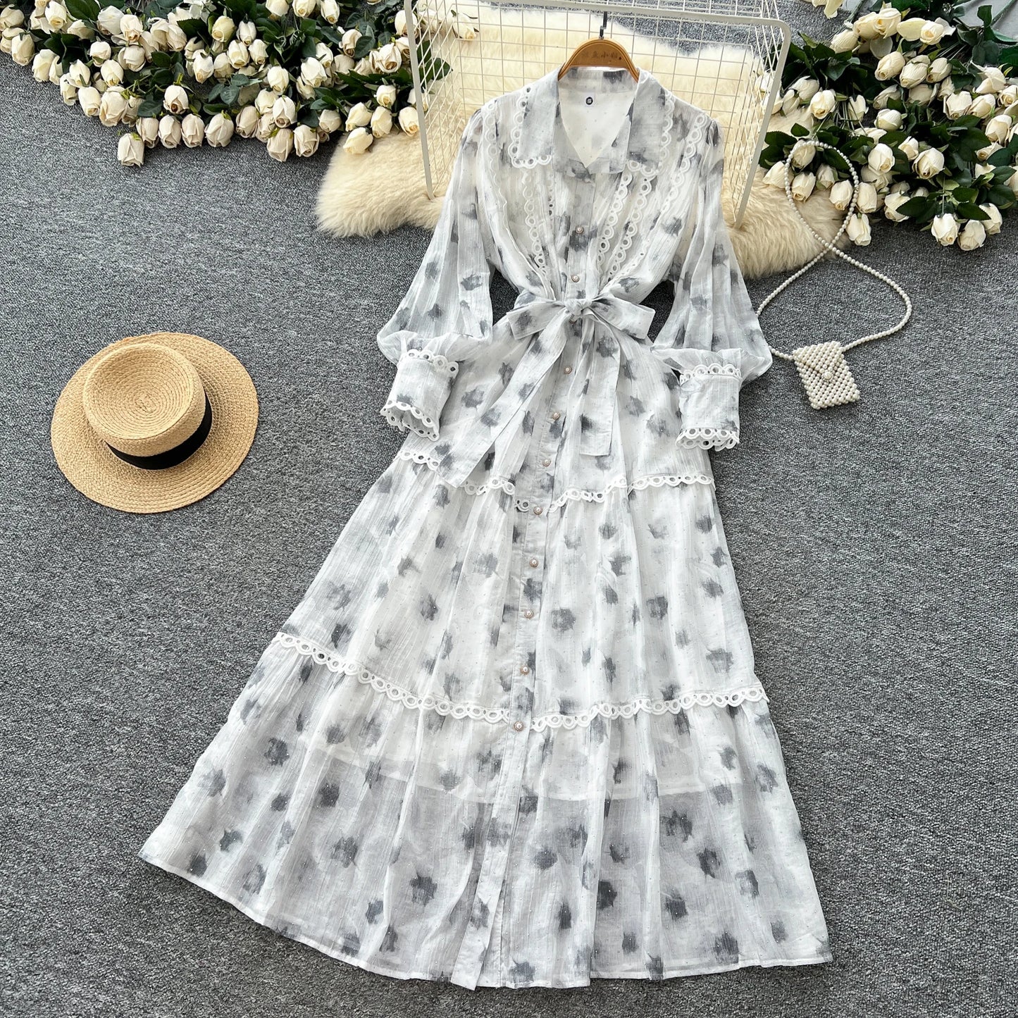 Chic vintage rhinestone lace-up slim Elegant Fairy korean fashion Boho Sundress women clothing Long dress