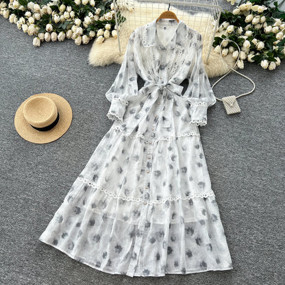 Chic vintage rhinestone lace-up slim Elegant Fairy korean fashion Boho Sundress women clothing Long dress