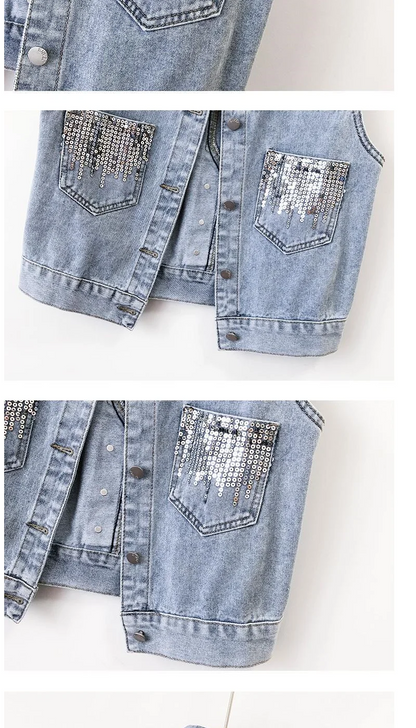2024 Fashion Design Sequins Denim Vest Summer Autumn Women's Waistcoat Korean Leeveless Denim Jeans Jacket Female Vest Tops