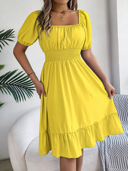 Spring and Summer Elegant High Waisted Dress Square Neck Short Sleeved Ruffled Edge Long Dresses for Women Badiee Stylez