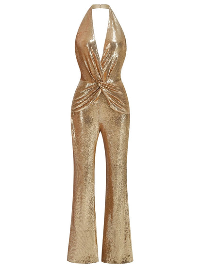 Women's Sleeveless Gold Sequin Jumpsuit Sexy V Neck Sparkle Sequined High Waist Wide Leg Pants Jumpsuit Celebrity Evening Party Badiee Stylez