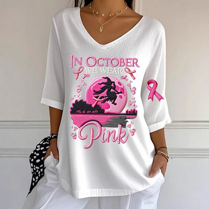 Women's Halloween Graphic Print T-Shirt Pink Ribbon Witch Halloween Costume T-Shirt Gifts Women Fashion Gothic Aesthetic Clothes