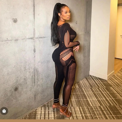 Articat Sexy Knitted Hollow Out One Piece Pajama Tight Seductive Jumpsuit Women Elastic Slim Pencil Pants Party Night Clubwear