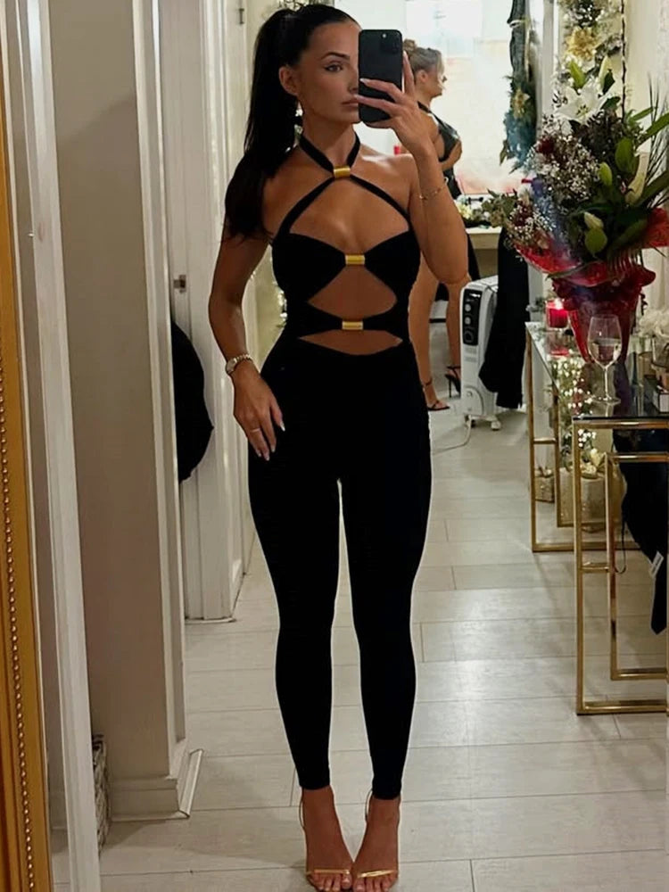 Sibybo Sleeveless Hollow Out Jumpsuit Women Fashion Metal Buckle Halter Backless Bodycon Rompers Overalls Sexy Party Clubwear Black
