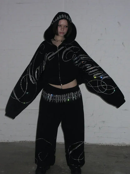 Retro Sequined Short Zipper Hoodie Sweatpants Two Piece Set Y2K Sportswearletter Sequined Oversized Sweatshirt Casual Pants Suit