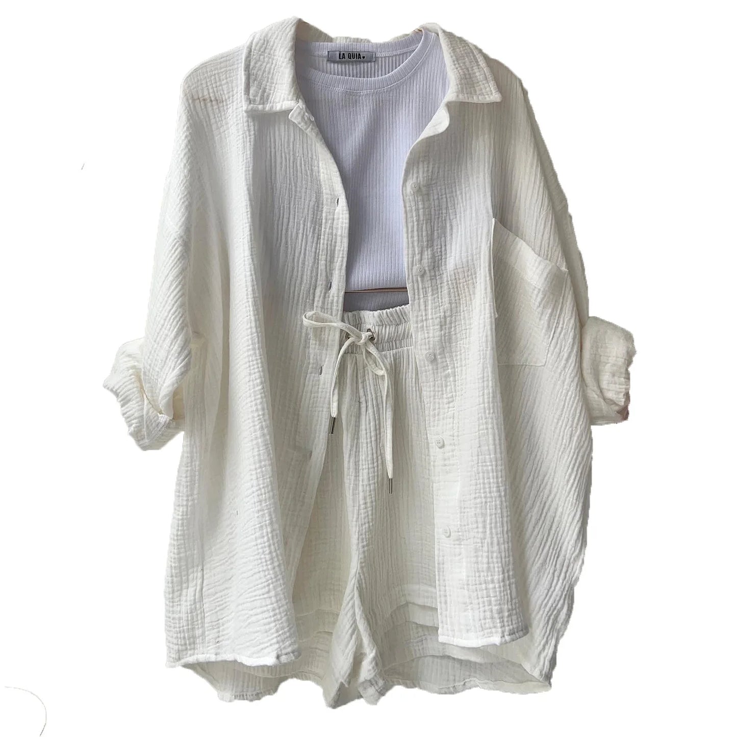 Short Sets Women Tracksuit Single Breasted Cardigan Blouses Two Pieces Shorts Loose Button High Street Solid Pockets Folds White