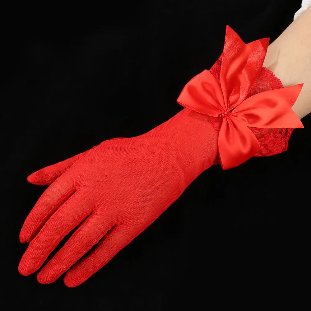 Fashion Bride Bow Lace Chiffon Gloves Women White Gloves Sunscreen Driving Gloves Marriage Party Accessories