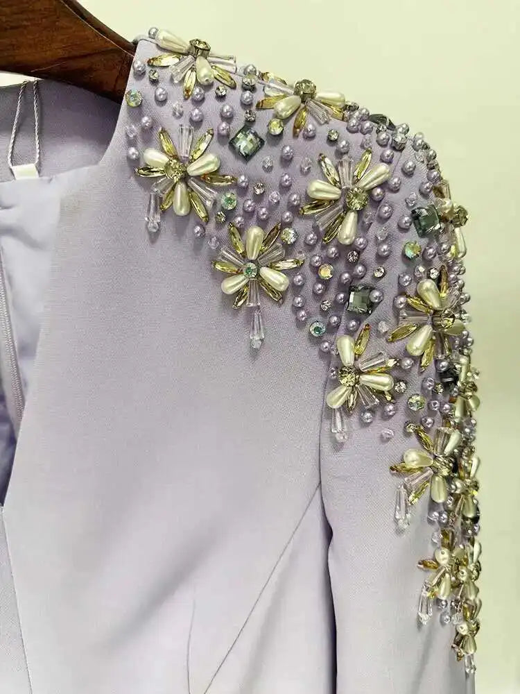 QMQA Fashion Women's Evening Dress Bead Diamond Spliced V Neck Long Sleeve High Waist Maxi Party Dresses 2025 Spring New QM324 Badiee Stylez