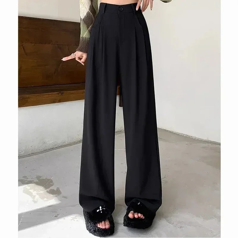 Women Fashion Suit Pants Lady Breathable Baggy High Waist Wide Leg Summer Trousers Lady Straight Leg Black Coffee Classic Pants Badiee Stylez