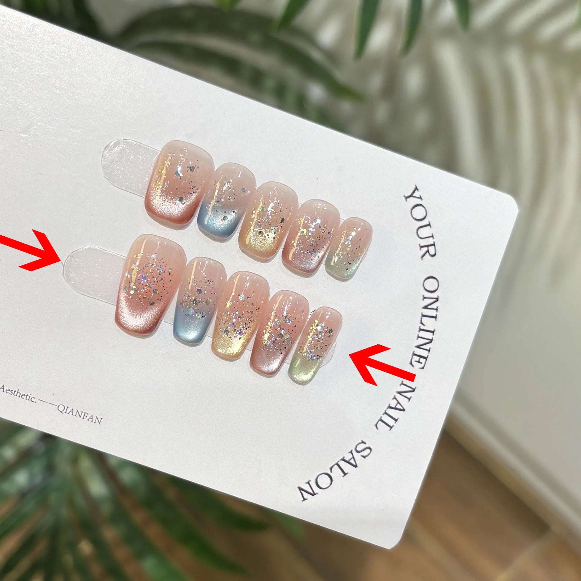 10pcs Handmade Fake Nails with Sticky Tabs Summer multicolor French Cat Eye Beautiful press on Nails Medium Short Stick-on Nails