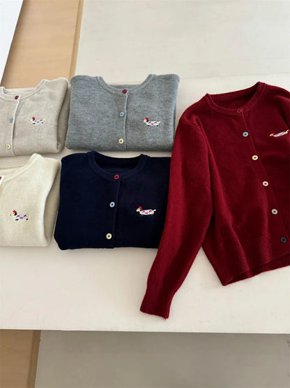 Women Knitwear Chic Embroidery Loose Casual Cardigan Autumn Winter Soft Elegant O-neck Sweaters Commute Basic Knitted Tops