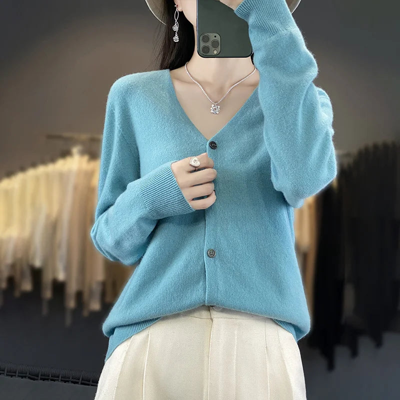 100 Merino Wool Knitted V-neck Sweater Women's Top Loose Korean Version Fashionable Versatile Autumn And Winter Cashmere Sweater WQ015 hu lan