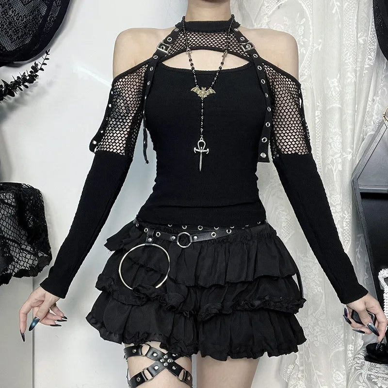 Goth Dark Punk Grunge Fishnet Patchwork Off Shoulder T-shirts Trim Corn Strap Halter Tops Autumn Mall Gothic Streetwear T-shirt
