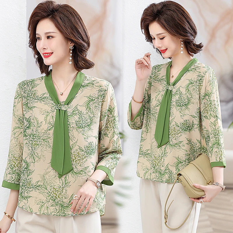 Women's Shirt Middle-aged Mother Elegant Summer Lady Shirts Bandage Floral Printed Chiffon Shirt Blouse Women's Clothing