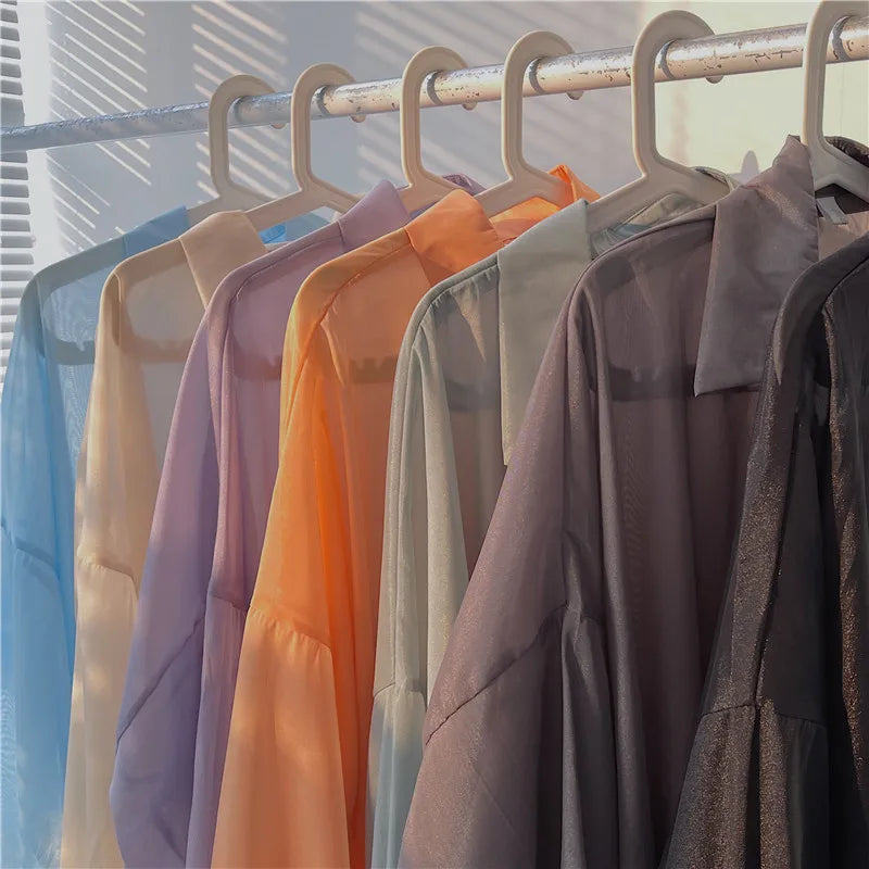 Semi Sheer Long Sleeve Shirt for Women Shimmer Button Down Collared Plain Lightweight Shirt Spring Summer Chic Tops Outfit