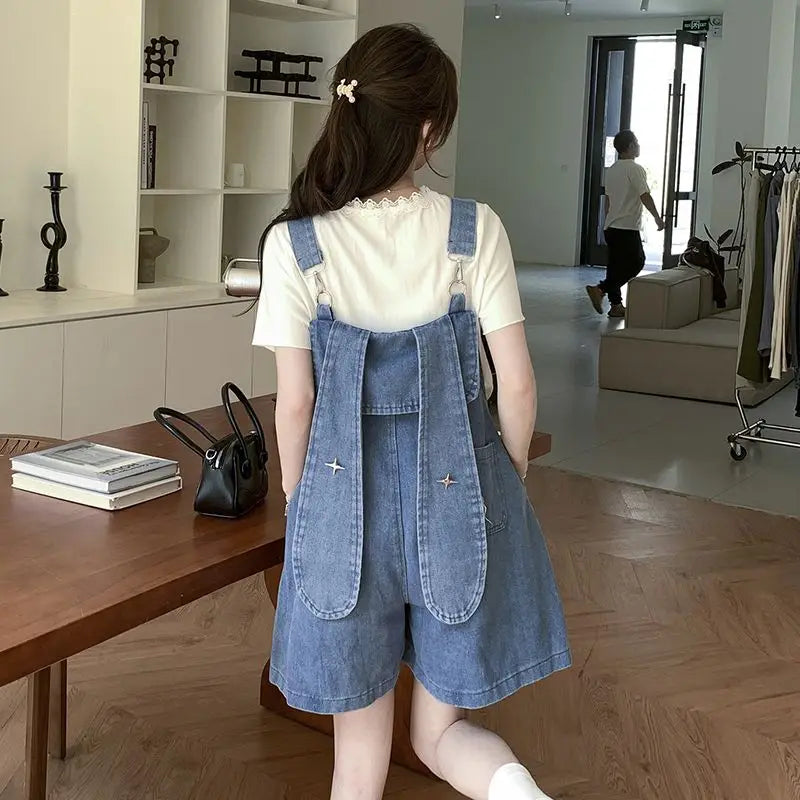 Denim Jumpsuit Rabbit Ears Cute Girl Chic Wide Legs High Waist Loose Korean Japan High Street Solid Jump Suits Women Blue