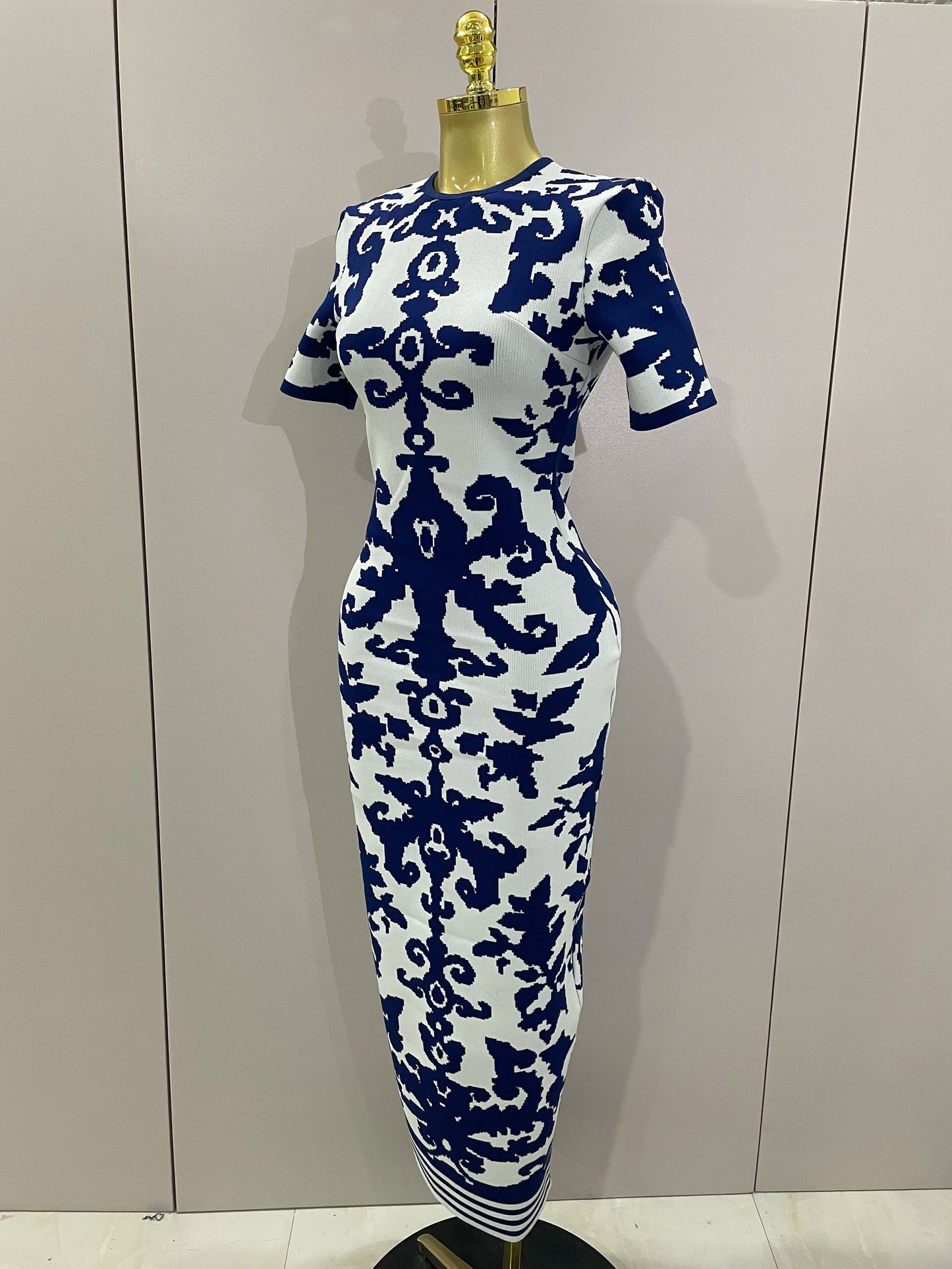 2025 New Sexy Short Sleeve Jacquard Blue Bandage Bodycon Long Dress Women Celebrity Elegant Evening Club Party Luxury Dresses
