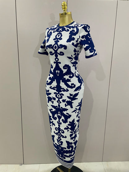 2025 New Sexy Short Sleeve Jacquard Blue Bandage Bodycon Long Dress Women Celebrity Elegant Evening Club Party Luxury Dresses