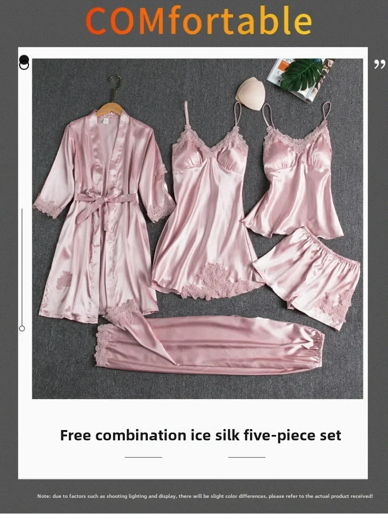 5-piece Set of Women's Sleepwear Sexy Silk Nightgown Lace Satin Nightgown V-neck Vest Breathable Comfortable Women's Nightgown