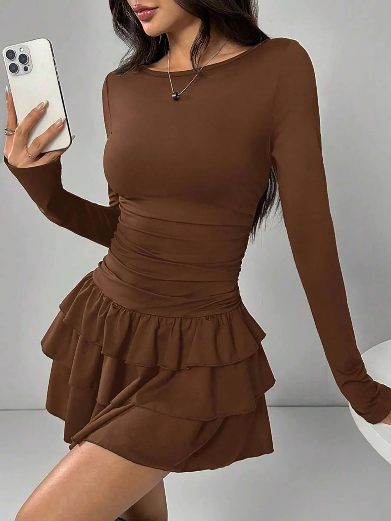 2025 Autumn Solid Slim Fit Cascading Ruffles Mini Dress Winter Women Elegant Flare Sleeve High Waist Sexy Party Bodycon Dresses Badiee Stylez