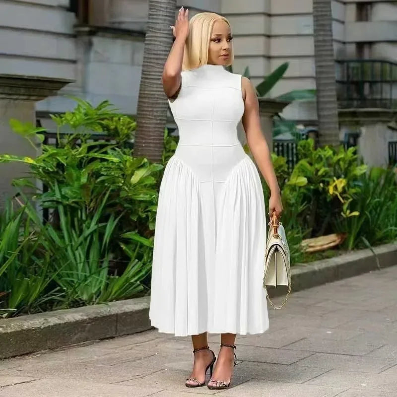 Fashion Women Ruched Side Sleeveless Pleated Maxi Dress 2025 Holiday Birthday Sexy Night Club Party Street Long Dresses