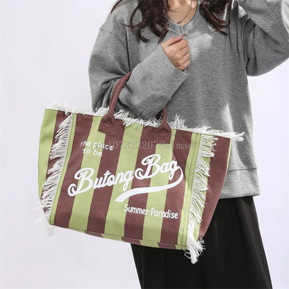 European and American Letters Tassel Canvas Bag Arge Capacity Handbags Travel Women Beach Tote Bag Fashion Casual Shopping Bags