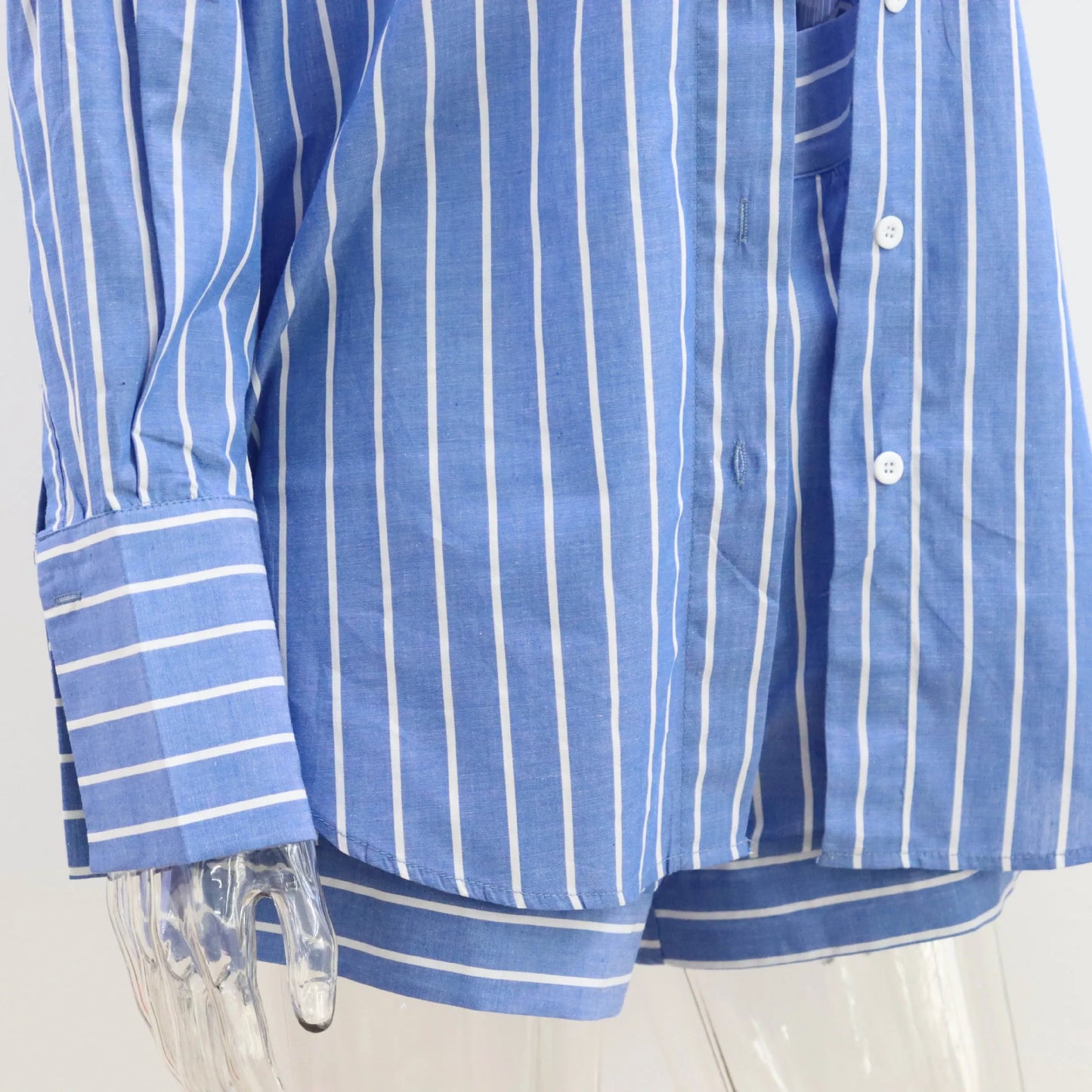 Striped Two Pieces Shorts Set Summer Long Sleeve Turn Down Collar Button Cotton Long Shirts Tops Women Clothing Casual Outfits