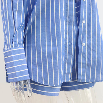 Striped Two Pieces Shorts Set Summer Long Sleeve Turn Down Collar Button Cotton Long Shirts Tops Women Clothing Casual Outfits