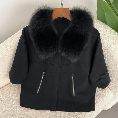 FURYOURSELF 2025 New Real Fox Raccoon Fur Collar Coat Knitted Sweater Women Short Sleeve Jacket Thick Warm Outerwear streetwear