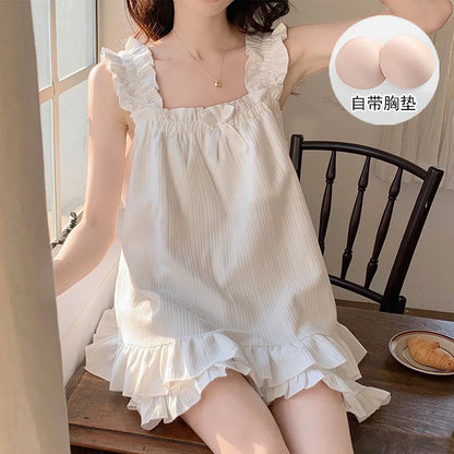 Two-piece Summer Solid Color Suspender Suit Pajamas for Women Sweet with Chest Pad Pajamas Vests Home Clothes 여자 잠옷 B