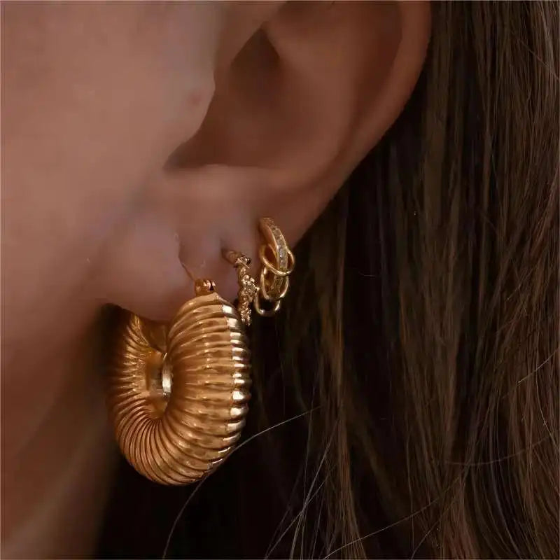 Fashion Glossy Stainless Steel Chunky Hoop Earrings for Women Gold Plated Thick Texture Geometric Circle Earring Vintage Jewelry