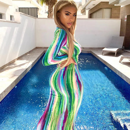 Spring And Summer Dresses For Women Chest Wrap Printed Off Shoulder Bandage Slim Sexy Long Dress 2023 New Fashion party MsChuh T3 LongSleeved Green