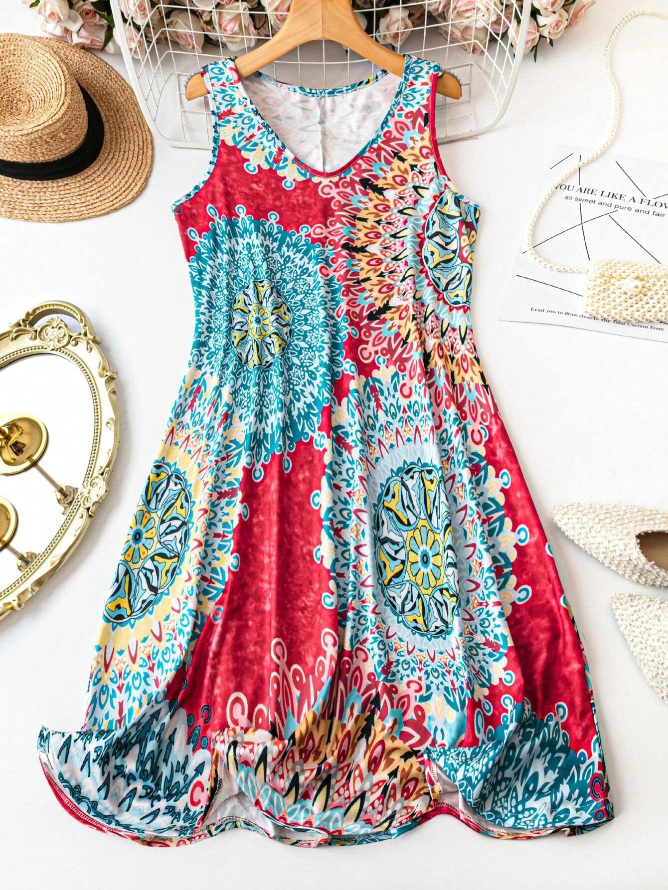 plus Size Printed Casual V-Neck Geometric Pattern Sleeveless Dress for Women PDD2405211-hong