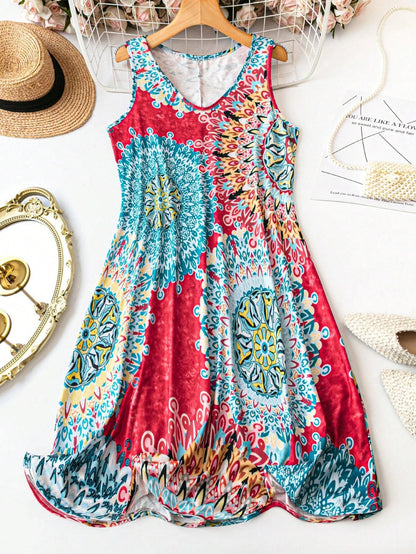 plus Size Printed Casual V-Neck Geometric Pattern Sleeveless Dress for Women PDD2405211-hong