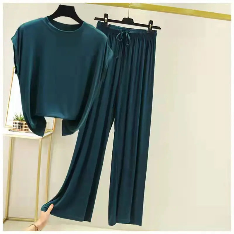 Modal Loose Homewear set O-neck Tshirts short sleeves and Wide leg pants Casual streetwear suit all match dark green