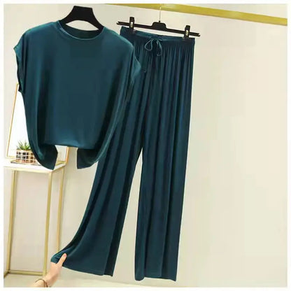 Modal Loose Homewear set O-neck Tshirts short sleeves and Wide leg pants Casual streetwear suit all match dark green