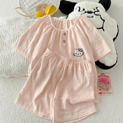 Summer New Cloud Cotton round Ne Button Sweet Cartoon Spwear Two-Piece Set Lightweight Comfortable Student Home Clothes Pink kt cat