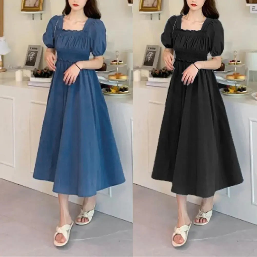 Summer Women Dress Pleated Shirring Square Neck Short Sleeve Bubble Sleeve Ladies Dress Solid Color Loose Hem Midi Dress