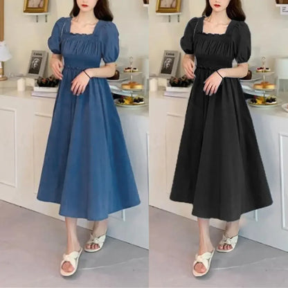 Summer Women Dress Pleated Shirring Square Neck Short Sleeve Bubble Sleeve Ladies Dress Solid Color Loose Hem Midi Dress