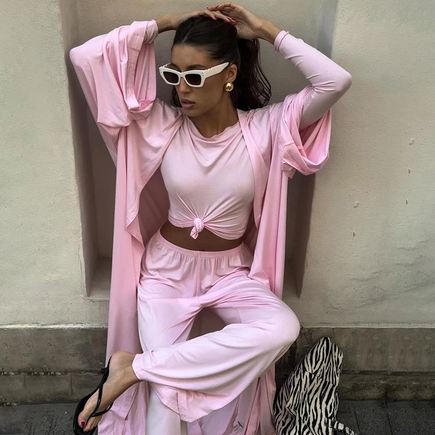 Hiloc Elegant Knit 3 Piece Sets Summer Casual Loose Sleepwear Street Chic Elastic Waist Pants Fashion Long Sleeve Shirts 2025