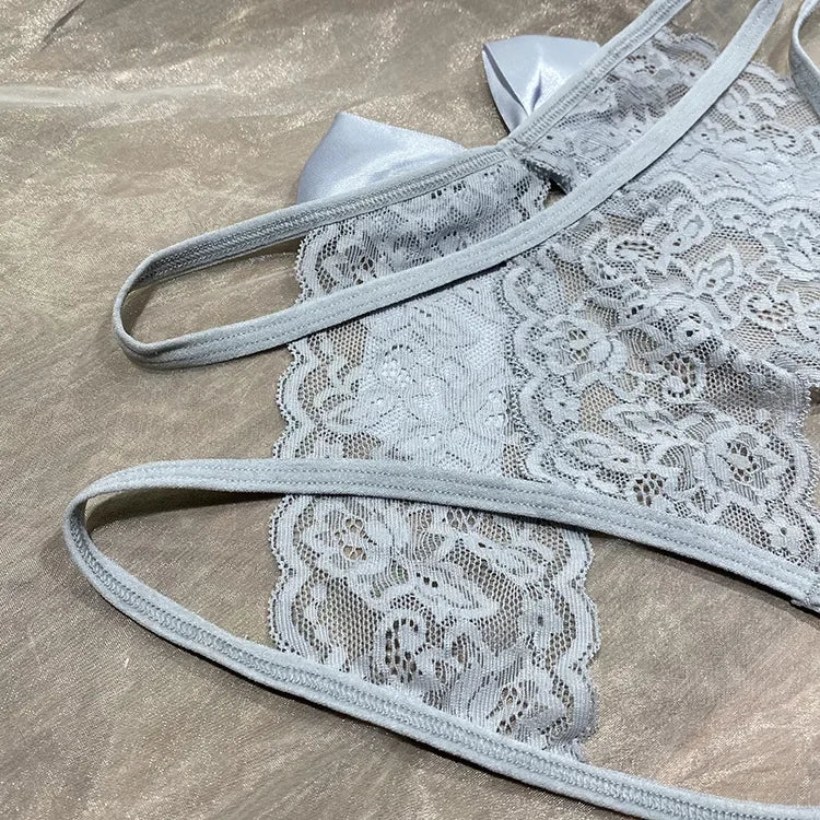 Hot Sale Women's Sexy Hollow Out Thong Lingerie Open Crotch Underwear Lady's Crotchless Lace Panties With Bow Plus Size M - XXL