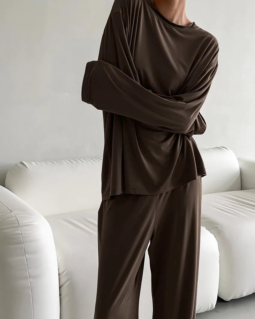 New 2025 Brown Loose Female Sleepwear Suit O-Neck Nightgowns Long Sleeve Nightwear Wide Leg Pants Women's Pajamas 2 Piece Set