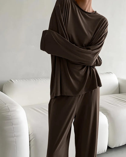 New 2025 Brown Loose Female Sleepwear Suit O-Neck Nightgowns Long Sleeve Nightwear Wide Leg Pants Women's Pajamas 2 Piece Set